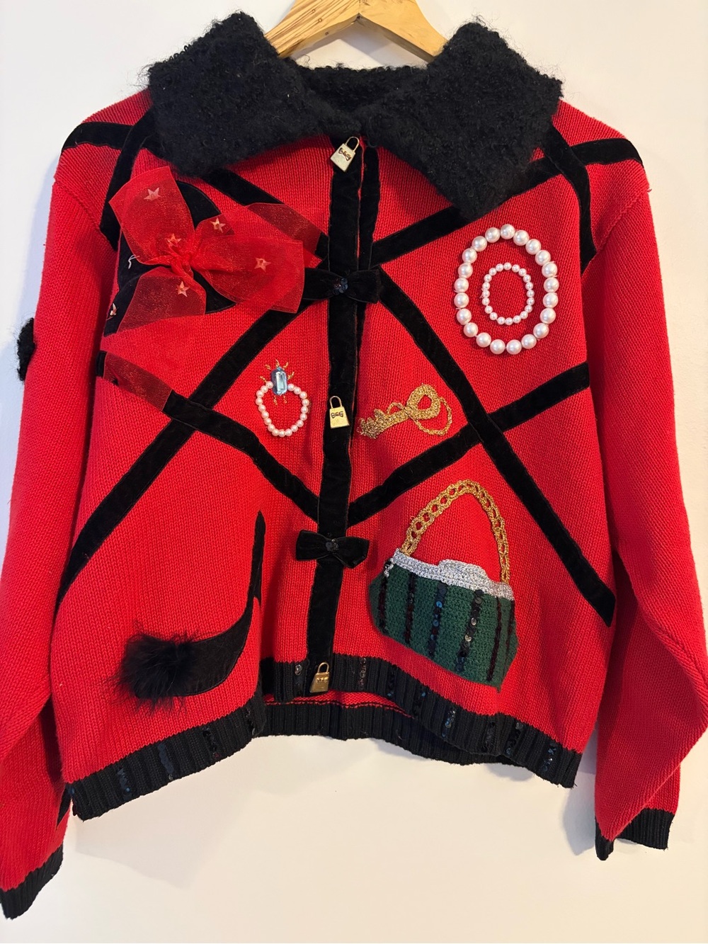 1995 Vintage Berek 2 3D Red Embellished Women's Sweater Cardigan L
